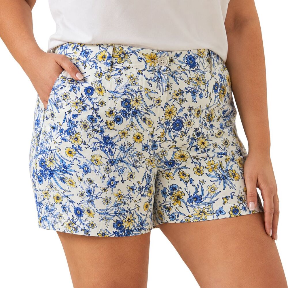 Talbots Relaxed Chino 7" Shorts Womens 16 NWT Floral Blue Yellow Summer Coastal